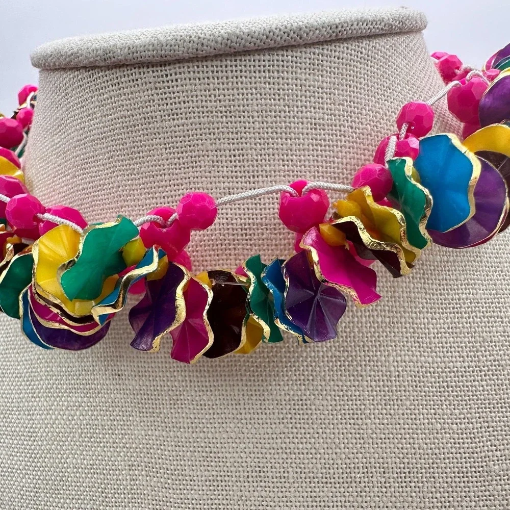 Vintage Multicolor Cluster Choker Necklace Pink Wavy Disc Beads Retro 80s Boho‎